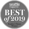 A circular badge from Seattle Magazine, labeled "Best of 2019" and "Readers' Choice Winner."