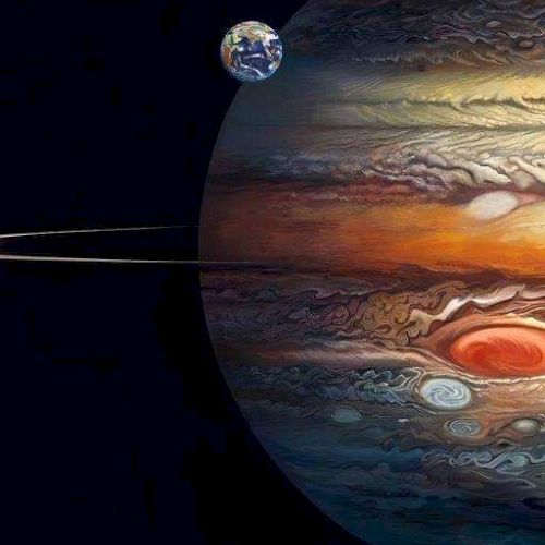 An artistic depiction of Jupiter with its Great Red Spot, Saturn in the background, and Earth.